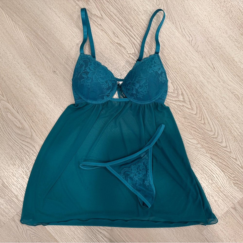 Hush Intimates Women’s Medium 2pc Teal Lace Babydoll Lingerie Set